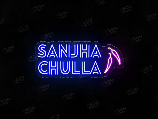 Custom LED neon sign - Sanjha Chulla - 60 x 25 cm - Cut to shape - deep blue, hot pink