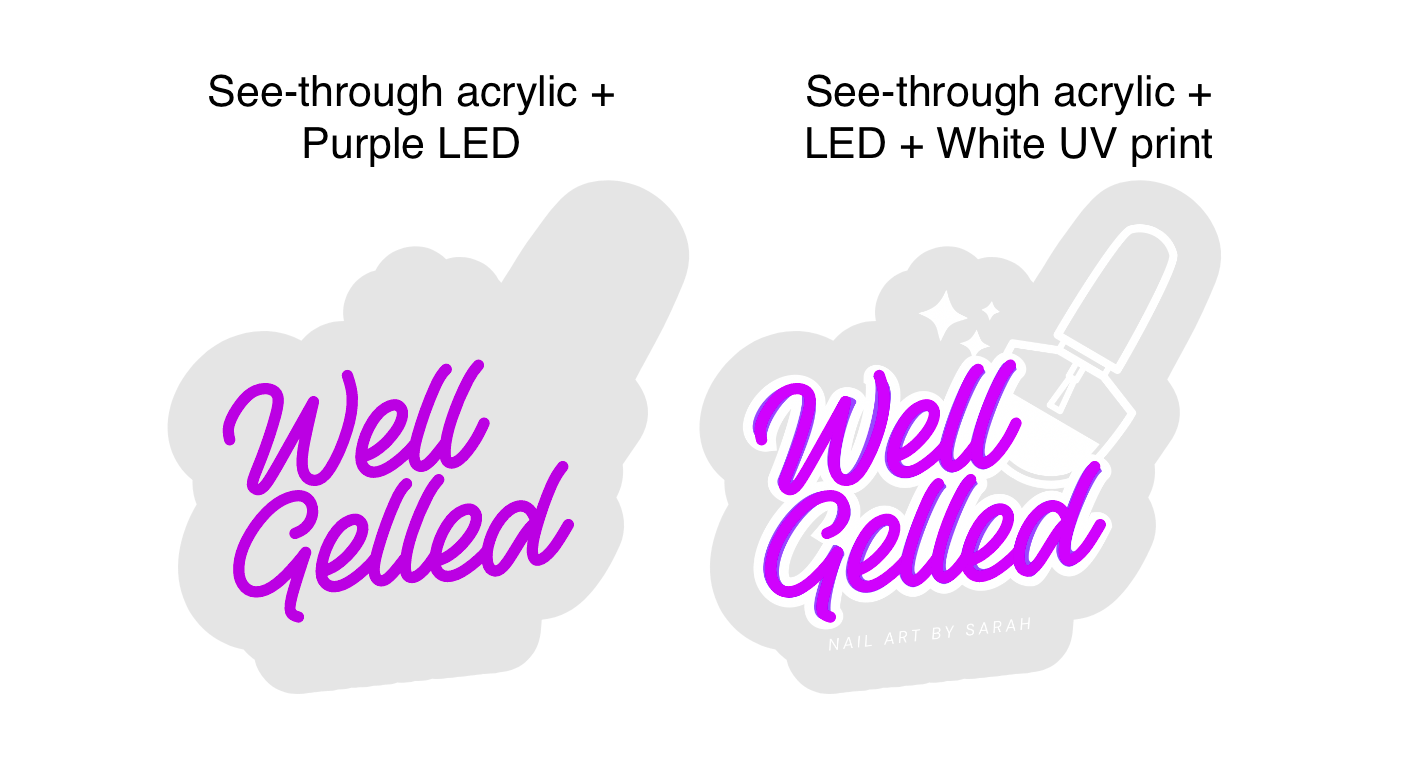 Custom LED Sign - Custom LED neon sign - 'Well Gelled'(Purple + UV Print) - 30cm x 29.5cm