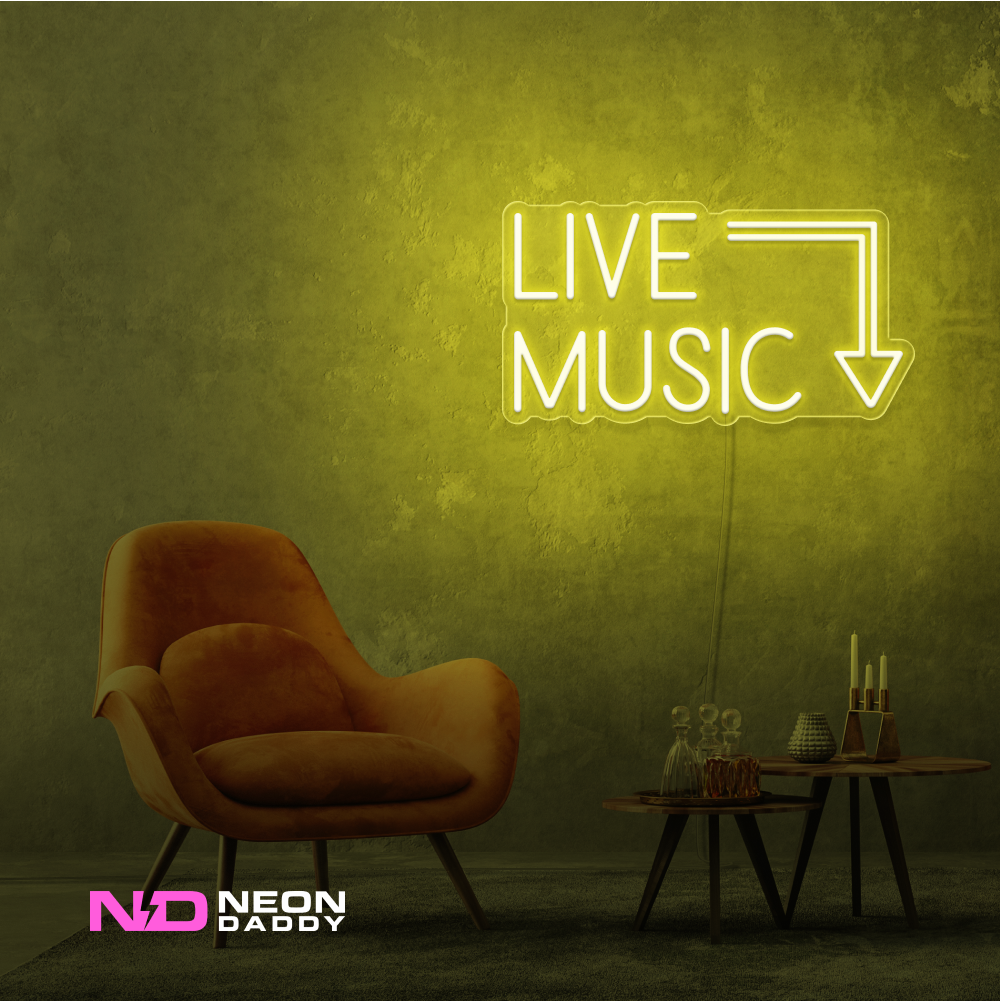 Color: Yellow 'Live Music' - LED Neon Sign - Affordable Neon Signs
